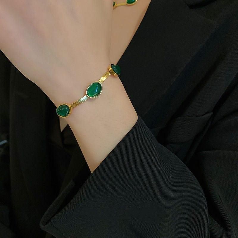 Oval Green Crystal Pendant Necklace Set with Bracelet – Gold Plated Stainless Steel Jewelry for Women