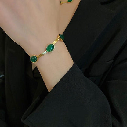 Oval Green Crystal Pendant Necklace Set with Bracelet – Gold Plated Stainless Steel Jewelry for Women