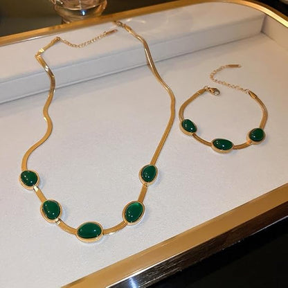 Oval Green Crystal Pendant Necklace Set with Bracelet – Gold Plated Stainless Steel Jewelry for Women