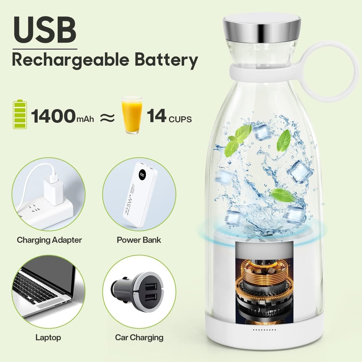 Electric Portable Mini Juicer Bottle | Wireless Personal Juicer Blender for Smoothies & Shakes (4 Blade Design)