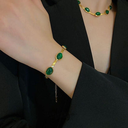 Oval Green Crystal Pendant Necklace Set with Bracelet – Gold Plated Stainless Steel Jewelry for Women