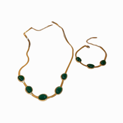 Oval Green Crystal Pendant Necklace Set with Bracelet – Gold Plated Stainless Steel Jewelry for Women