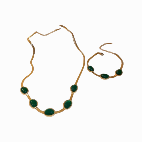 Oval Green Crystal Pendant Necklace Set with Bracelet – Gold Plated Stainless Steel Jewelry for Women